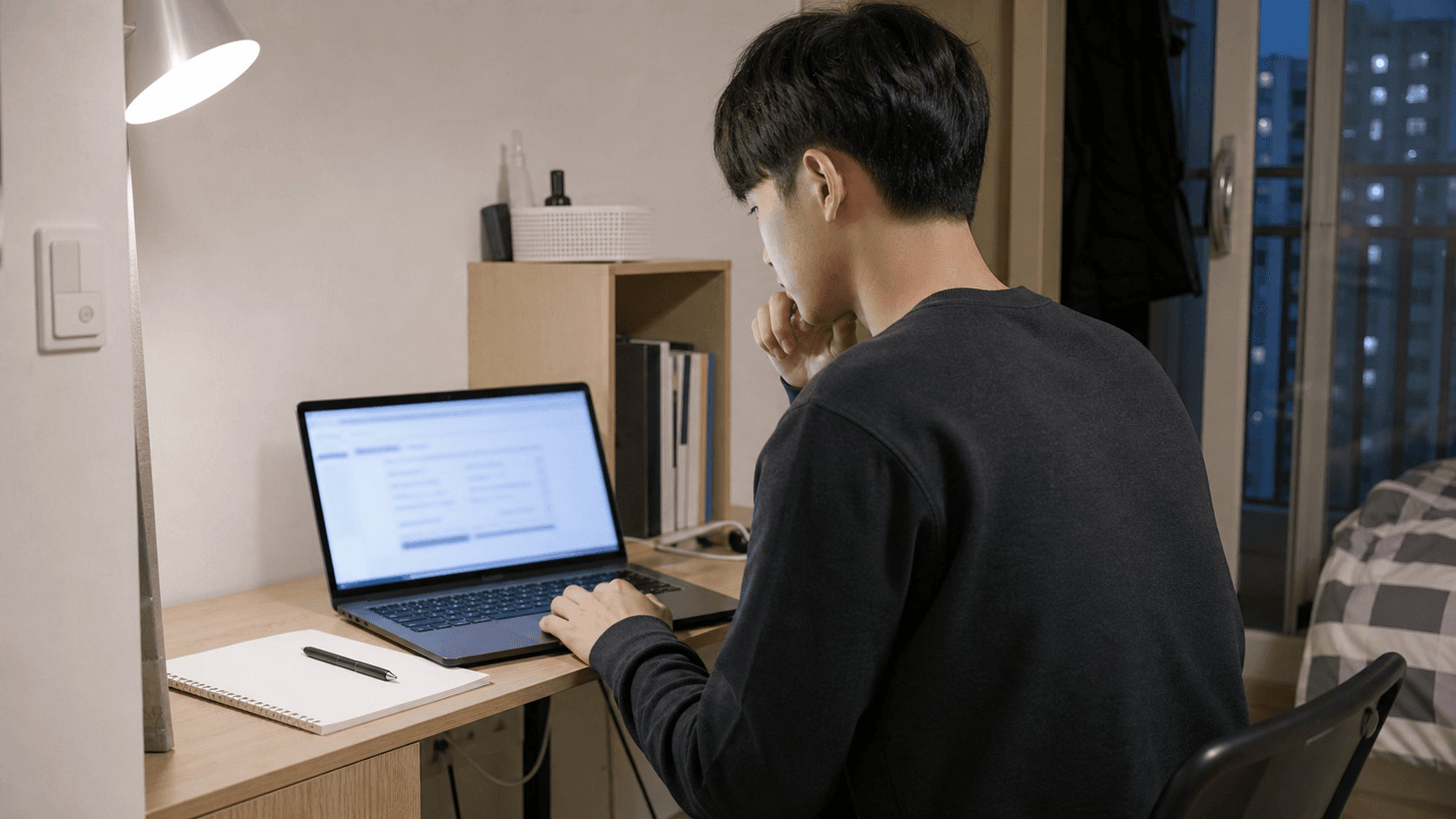 한국의 평범한 방에서 노트북으로 현역병 입영일자 선택 일정을 확인하는 청년