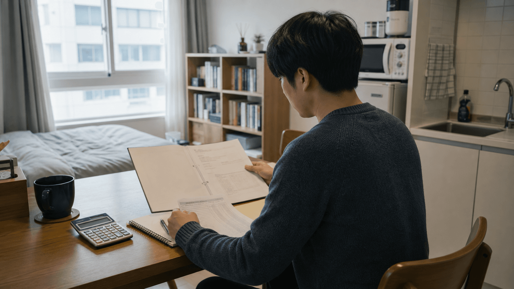 한국의 원룸에서 임대차계약서와 월세 이체내역을 정리하는 청년 세입자