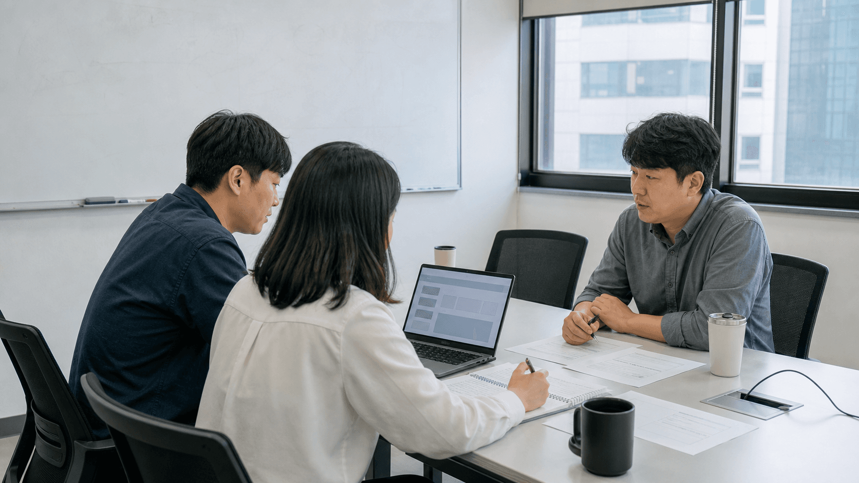 한국 중소기업 회의실에서 직원들이 AI 서비스 점검표를 검토하는 모습