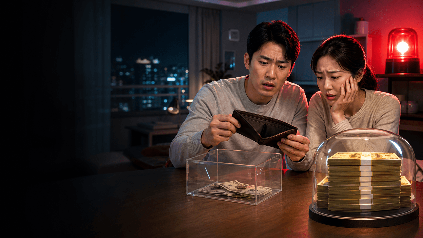 빈 지갑과 비상금 상자를 비교하며 걱정하는 한국인 부부