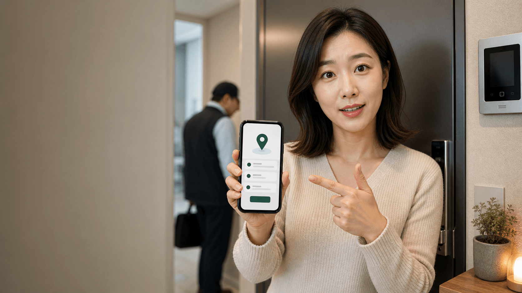 한국 아파트 현관에서 정부24 위치 확인 화면이 켜진 휴대폰을 든 여성