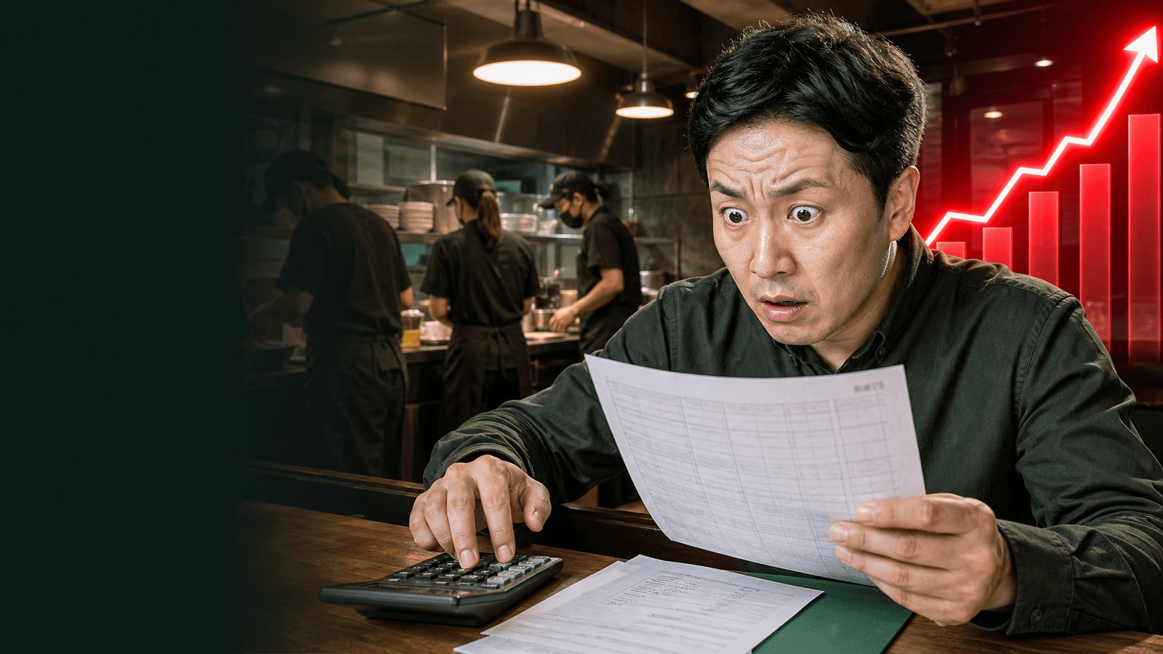 인건비 명세서를 보고 놀란 한국 음식점 사장과 상승하는 비용 그래프