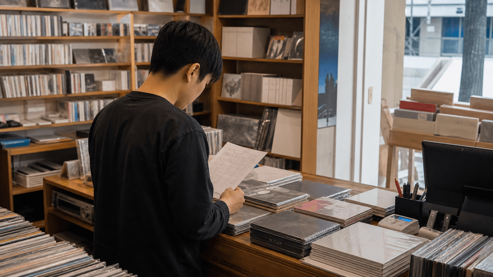 서울의 음반 매장에서 앨범 재고표와 포장 음반을 확인하는 직원